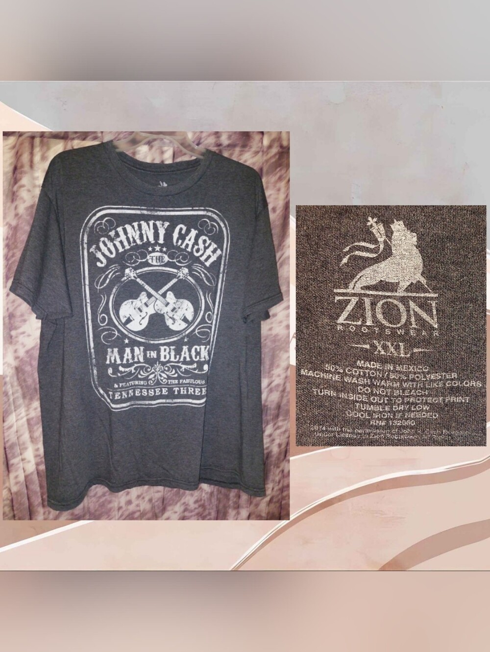 Zion Rootswear brand Gray & Wht Johnny Cash S/S Unisex Soft Knit T-Shirt Sz XXL